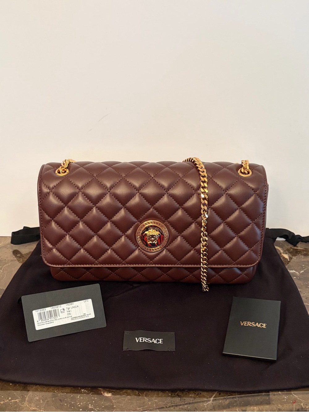 Versace La Medusa Brown Quilted Lambskin Leather Medium Crossbody Shoulder Bag - Picture 15 of 16